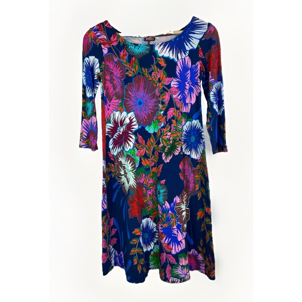 Salaam Women's XS Colorful Floral Rayon Stretch 3/4 Sleeve A-Line Shift Dress